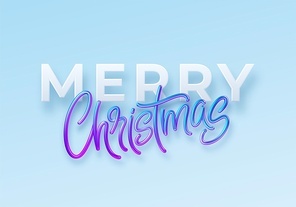 Realistic 3d inscription Merry Christmas isolated on. Hologram shiny blue and pink lettering. Vector illustration EPS10
