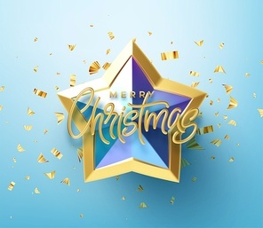 Realistic shiny 3D golden inscription Merry Christmas on a blue gold star background. Vector illustration EPS10