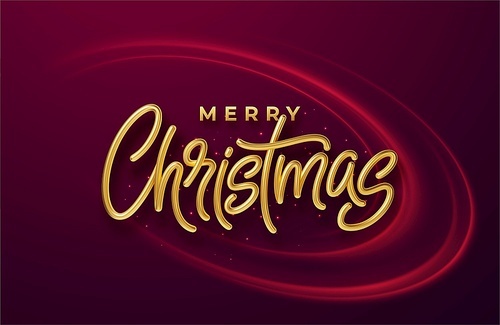 Realistic shiny 3D golden inscription Merry Christmas on a background with red bright waves. Vector illustration EPS10