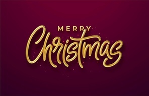 Realistic shiny 3D golden inscription Merry Christmas on a background with red bright waves. Vector illustration EPS10