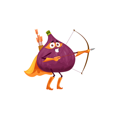 Fig fruit superhero cartoon character, vector tropical fruit food in super hero costume and mask. Plum archer as warrior superhero with bow and arrows, fruits super power