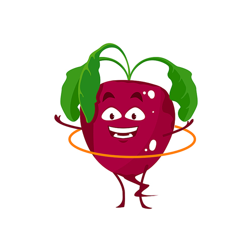 Cartoon radish vegetable with hoop, vector funny sportsman character workout, sport exercises. Healthy food sports lifestyle, organic veggies isolated on white 