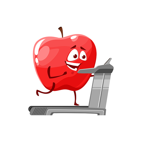 Cartoon apple run on treadmill, fruit sportsman vector icon, funny character in gym doing sport exercises isolated on white . Healthy food, sports lifestyle, organic nutrition symbol