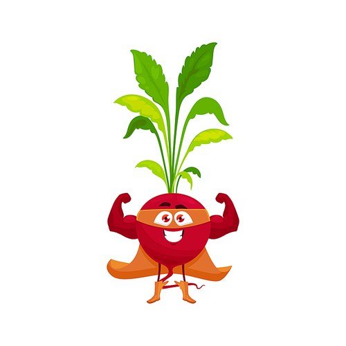 Cartoon radish super hero isolated vector icon. Funny vegetable in cloak and mask demonstrate power. Fairytale character, healthy food, vitamin superhero personage