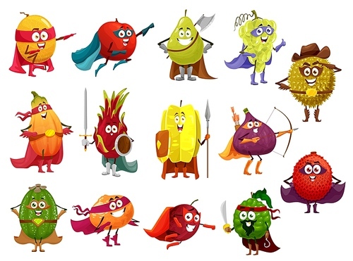 Funny cartoon fruits of superhero, pirate, cowboy and knight vector characters. Papaya, orange, peach and grape, fig, lychee, feijoa and durian, carambola, melon and pear with hero cape, mask, sword