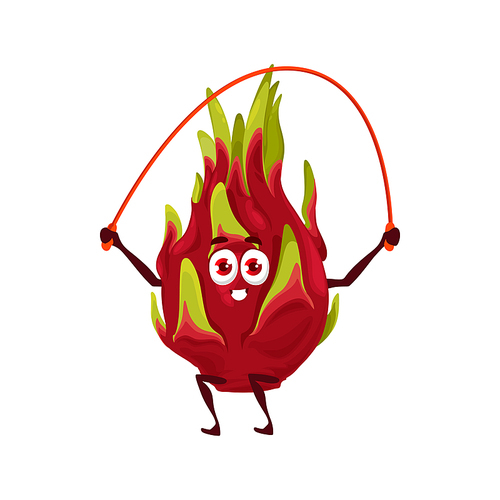 Pitaya dragon fruit, healthy food and fitness activity, vector cartoon character. Topical fruit pitaya or pitahaya dragonfruit jumping on skipping rope, vitamins and healthy nutrition