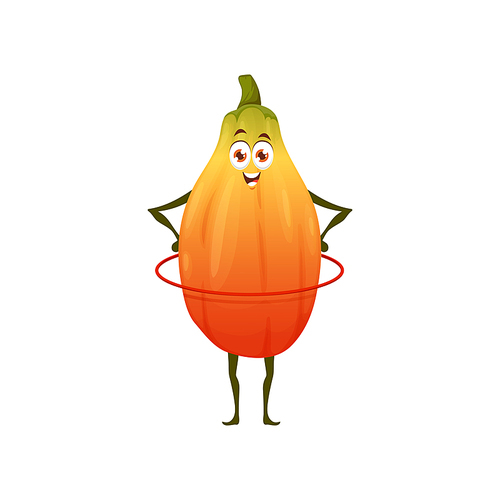 Papaya fruit, healthy food in fitness activity and energy, vector cartoon character. Topical fruit papaya training with hula hoop, vitamins and nutrition, healthy food and juice drink ingredient