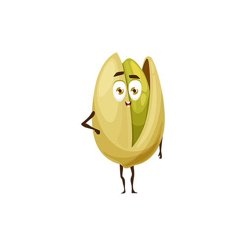 Pistachio nut in shell isolated flat cartoon character kids emoji emoticon. Vector comic super hero food snack, vegetarian roasted pistache. Cracked pistachio with green seed, happy face and legs