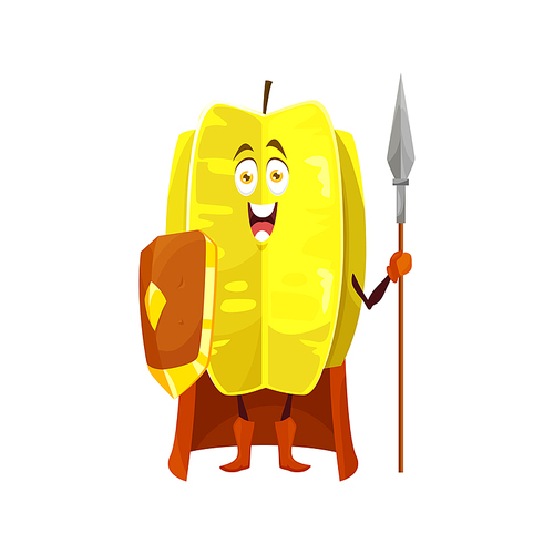 Starfruit fruit superhero cartoon character, vector carambola tropical fruit in super hero costume. Starfruit carambola as knight warrior or guard with spear and shield, food superpower