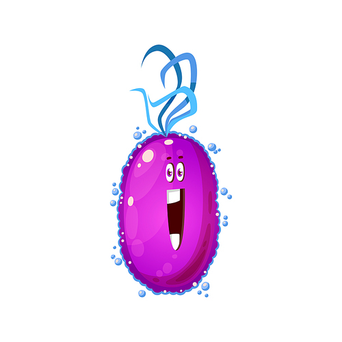 Virus bacteria in shape of purple drop with eyes isolated cartoon monster. Vector human or animal microbe, amoeba bacteria microorganism. Bacterial infection, comic dangerous germ with eyes and mouth