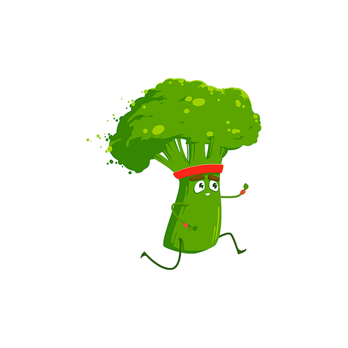 Cartoon broccoli sportsman running, vector icon, funny vegetable character sport exercises, race on stadium isolated on white . Healthy food run, sports lifestyle, organic nutrition symbol