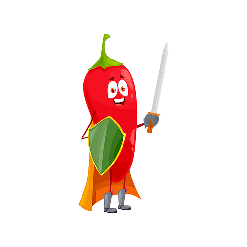 Cartoon chili pepper super hero isolated vector icon funny vegetable, fairytale knight character in cloak, with shield and sword. Healthy food, superhero vitamin personage