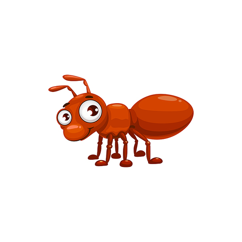 Cartoon ant vector icon, funny emmet insect with cute face and big eyes. Pismire mascot for kids club, design element, wild creature, pest coontrol isolated on white