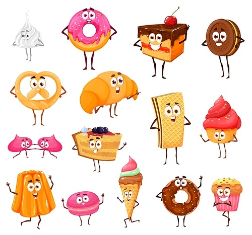 Cartoon sweets and bakery funny characters. Meringue, donut, chocolate cake and cookie, pretzel, croissant or cupcake with jelly. Macaroon, ice cream, waffle with pie smiling, waving hand isolated set