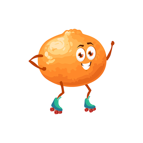 Orange fruit cartoon character riding on roller skates or blades, vector flat. Orange with face and smile, funny kids cartoon fruits in healthy life, juice vitamins and sport or fitness activity