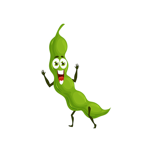 Green pea pod flat cartoon character comic emoticon isolated legume superfood hero with big eyes and hands. Vector edible beans, pigeon pea in peapod. Fresh veggies, vegetarian food, green legume