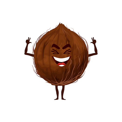 Whole coconut fruit in hard shell isolated funny emoticon flat cartoon character. Vector exotic food hero, smiling coconut with arms and legs. Tropical palm tree nut, oil and milk ingredient