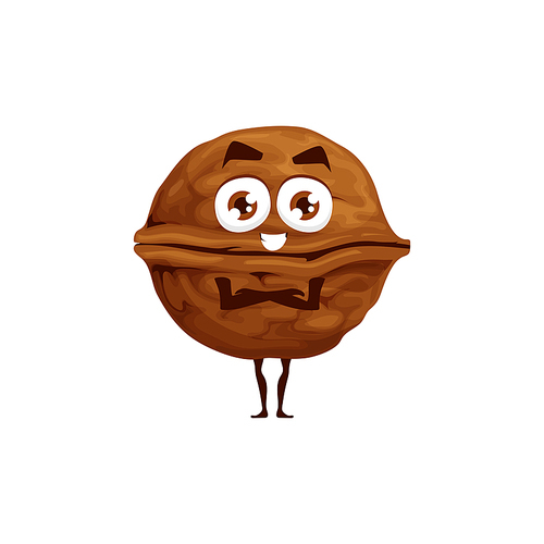 Walnut in shell, whole fruit with kernel isolated happy emoticon flat cartoon character. Vector brown nut, vegetarian snack, superfood comic hero with crossed arms. Walnut edible seed of drupe