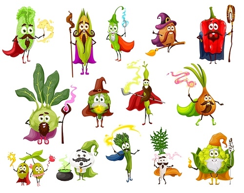 Vegetable magician, witch, wizard and fairy cartoon characters. Vector pepper, onion, daikon and beans, olive, mushroom, asparagus and corn, chinese cabbage and romanesco cauliflower with magic wands