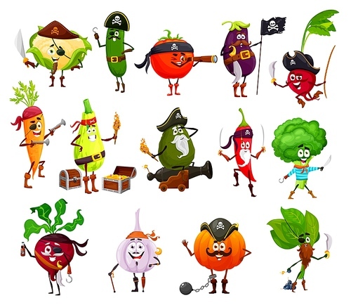 Pirate, corsair and buccaneer vegetable cartoon characters. Cute vector carrot, tomato, broccoli and pepper, garlic, radish, spinach, pumpkin and zucchini with pirate flag, hats, swords and sabers