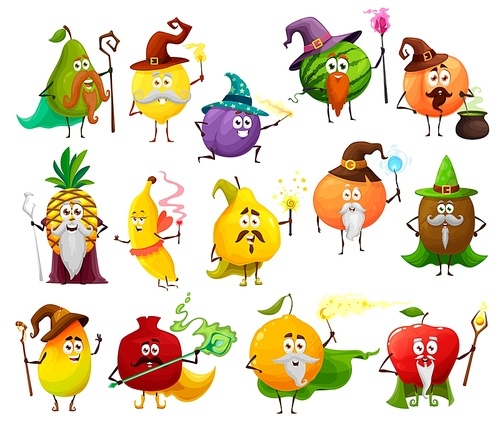 Fruit magician, witch, wizard and fairy cartoon characters with vector magic wands, staff, hats and potion cauldron. Funny apple, mango, orange and pineapple, banana, plum, peach, lemon and avocado