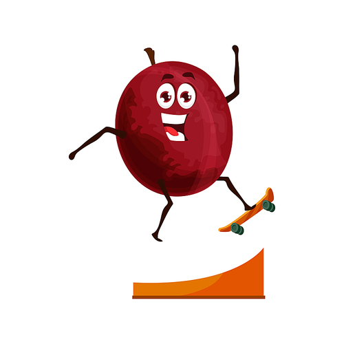 Plum fruit on skateboard, healthy food cartoon vector character. Fruit vitamins in sport, healthy nutrition and energy drink happy plum fruit character, skateboarding activity