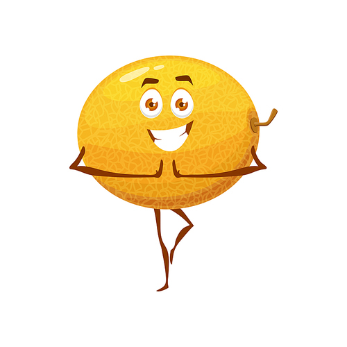 Melon fruit on pilates, healthy food in fitness and sport activity, vector cartoon character. Happy melon fruit on yoga or pilates balancing training, natural organic food and vitamins