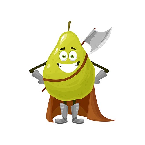 Pear fruit superhero cartoon character, vector food in super hero costume. Happy pear fruit as knight warrior or guardian soldier in cape with ax hatchet, food superpower