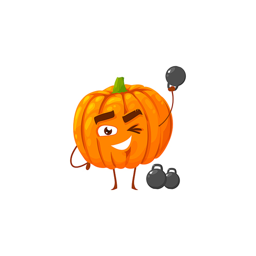 Cartoon pumpkin sportsman vector icon, funny winking vegetable character workout with dumbbells sport exercises isolated on white . Healthy food, sports lifestyle, organic nutrition symbol