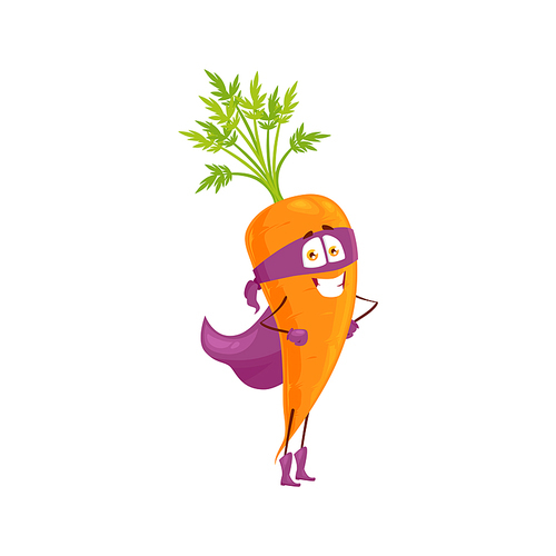 Cartoon carrot super hero isolated vector icon. Funny vegetable in cloak and mask with arms akimbo. Fairytale character, healthy food, vitamin superhero personage