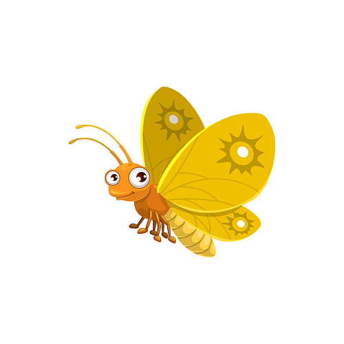 Cartoon butterfly vector icon, beautiful flying insect with yellow wings, cute face and big eyes. funny mascot, design element. Wild creature isolated on white 