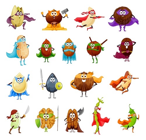 Nut, seed and bean superhero cartoon characters. Vector walnut, almond, peanut and hazelnut, pistachio, coconut, cashew, coffee and pecan, sunflower and pumpkin seeds with hero capes and masks