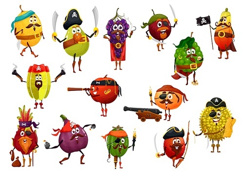 Exotic fruit pirate cartoon characters with vector pirate captain, corsairs and buccaneers. Mango, tamarillo and fig, grapes, feijoa, lychee and durian, carambola, jackfruit with flags, hats, swords