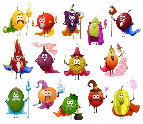 Funny fruit magician and wizard cartoon characters. Melon, grapes and plume with scepter, peach and bergamot, pear or guava with spell flame, durian, lychee and dragon fruit with magic wand