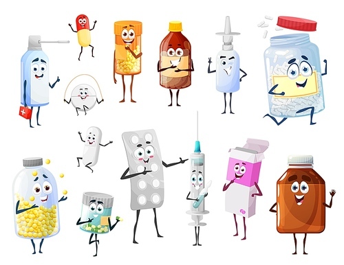 Cartoon pills and medicines, drugs funny vector characters. Pharmacy antibiotic, vitamins and vaccine, box, bottle and syringe, nasal and throat spray, smiling pills blister pack and funny capsules