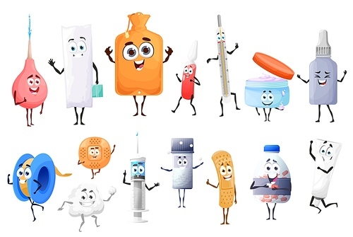 Cartoon pills, drugs and medicament characters. Vector medicine mascots, cute happy clyster, syringe and thermometer with ointment in jar. Capsule, bottle with tablets and patch, cotton pad with cream