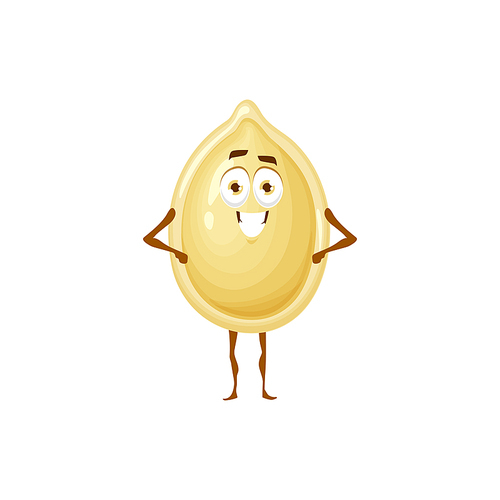 Pumpkin seed in white shell isolated flat cartoon character emoji emoticon with happy face. Vector gourd grain, natural dieting food snack superfood comic hero, smiling seed with arms and legs