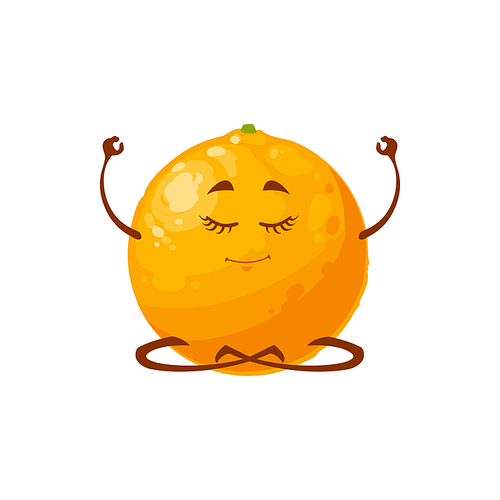 Cartoon orange fruit yoga practice vector icon, funny character doing meditation isolated on white . Healthy food, relaxation, zen, sports lifestyle, organic nutrition symbol