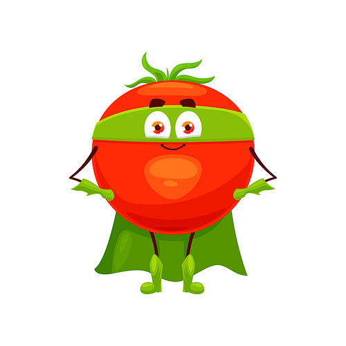 Cartoon tomato super hero isolated vector icon. Funny vegetable in cloak and mask with arms akimbo. Fairytale character, healthy food, vitamin superhero personage