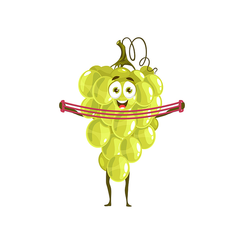 Grapes fruit in fitness, healthy food activity and sport, vector cartoon character. Grapes fruit on workout training with resistance expander, natural organic food nutrition and vitamins