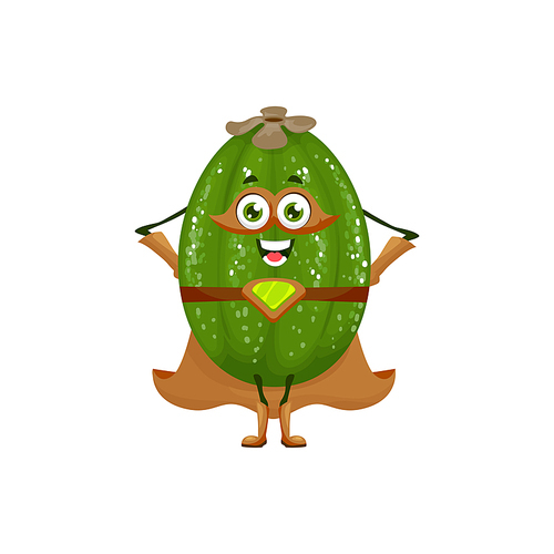 Feijoa fruit superhero cartoon character, vector tropical fruit and food in super hero costume. Feijoa fruit as powerful superhero with magic power belt