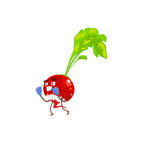 Cartoon radish vegetable sportsman plant in boxing gloves. Vector funny character doing fighting workout, sport exercises. Healthy food, sports lifestyle isolated on white 