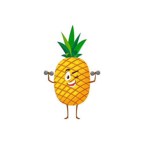 Cartoon pineapple fruit workout with dumbbells vector icon, funny sportsman character doing sport exercises isolated on white . Healthy exotic food, sports lifestyle, organic food symbol