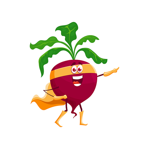 Cartoon beetroot super hero character isolated vector icon. Funny fairytale vegetable in cape and mask, healthy food, vitamin superhero personage in cloak