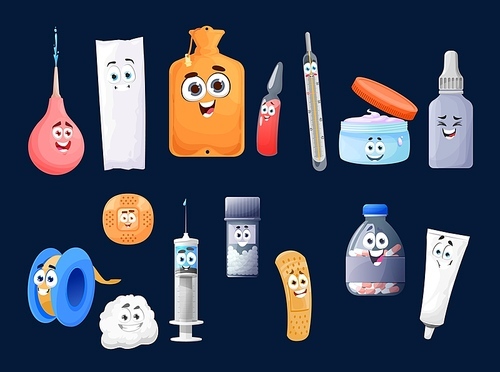 Cartoon first aid kit characters, vector medicine pills in bottle, cute happy clyster, syringe and thermometer with ointment in jar. Capsule with tablets and patch, cotton pad and cream tube