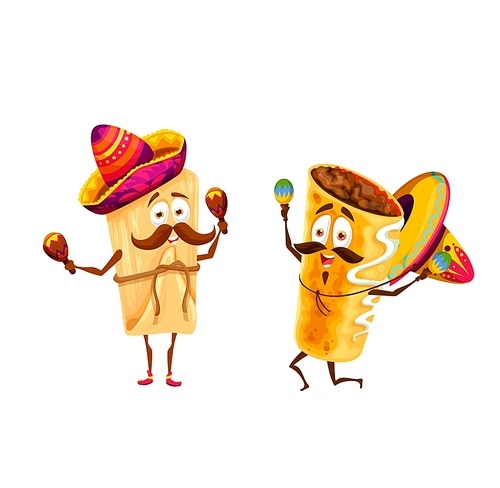 Cartoon mexican tamales and chimichanga happy characters. Vector mariachi funny musicians in sombrero playing maracas, tex mex fastfood artists with mustaches celebrate national holidays and sing