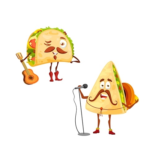 Cartoon mexican tacos and quesadilla characters. Vector singer in sombrero with microphone and funny musician with guitar tex mex fastfood with mustaches celebrating national holidays