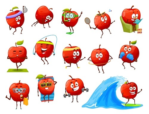 Cartoon apple fruit characters yoga, fitness or sport, travel and leisure recreation and activity. Vector red funny apple workout in gym, tanning on beach, surfing on sea wave, red and drink cocktail