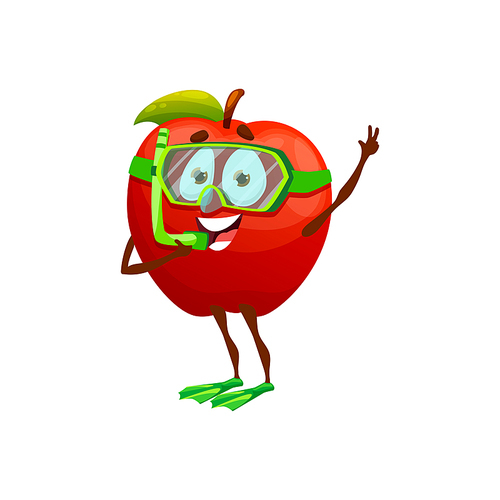 Cartoon apple in diving mask, tube and flippers isolated summer fruit character on rest. Vector funny red apple going to dive, summertime vacation holiday of fruit, travel and leisure outdoors