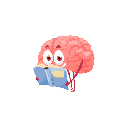 Brain emoticon reading book, mental health, development of creativity, thinking and patience isolated flat cartoon character. Vector mind developing memory, intelligence and brainpower, genius mascot